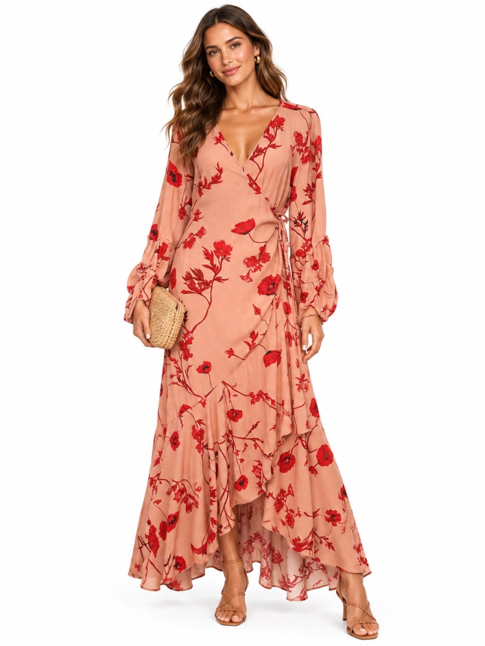 Johanna Ortiz x H&M Floral Wrap Maxi Dress L Ruffle Balloon Sleeve